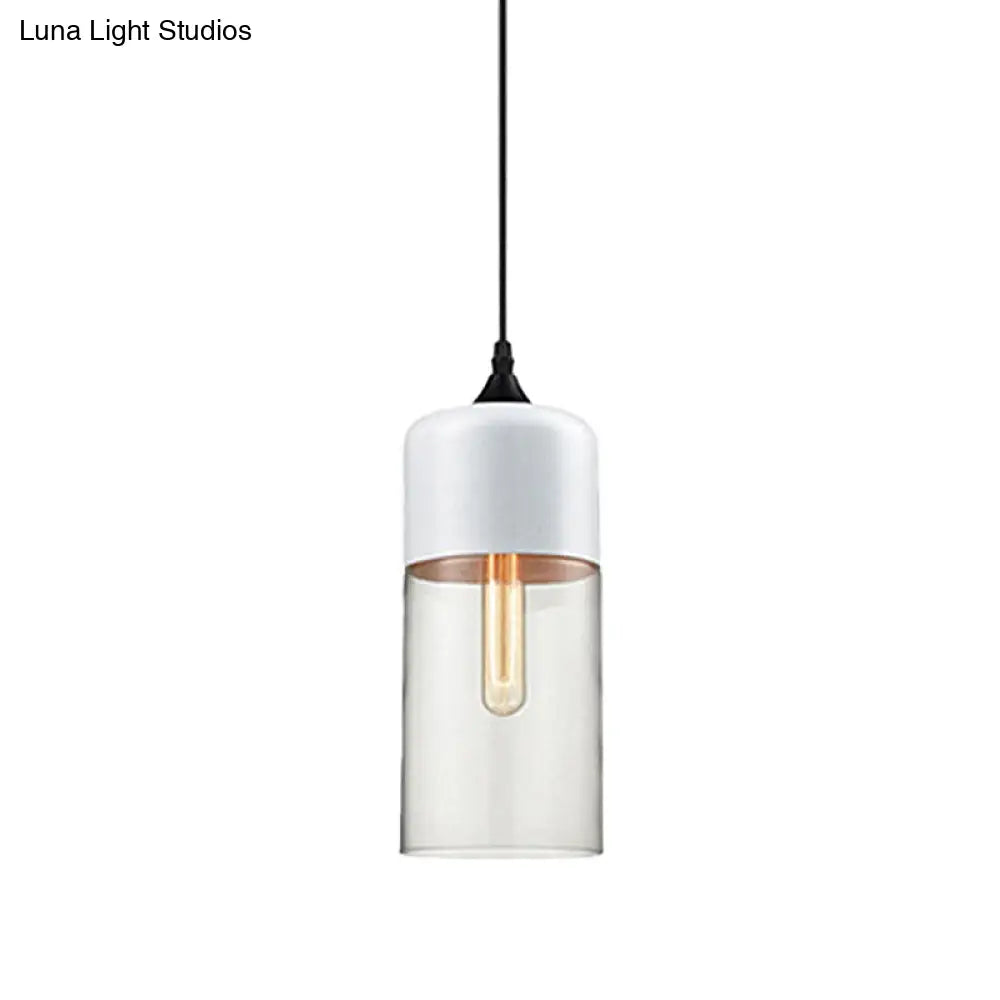 Modern 1-Light Drum/Cylinder/Jar Suspension Pendant – Clear/Yellow Glass – White/Black Fixture