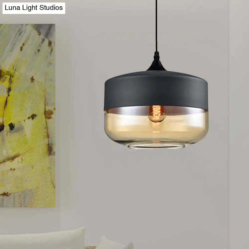 Modern 1-Light Drum/Cylinder/Jar Suspension Pendant – Clear/Yellow Glass – White/Black Fixture