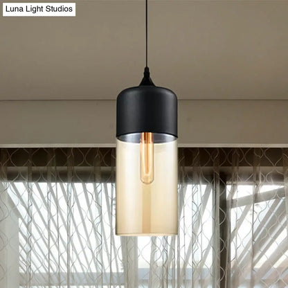 Modern 1-Light Drum/Cylinder/Jar Suspension Pendant – Clear/Yellow Glass – White/Black Fixture