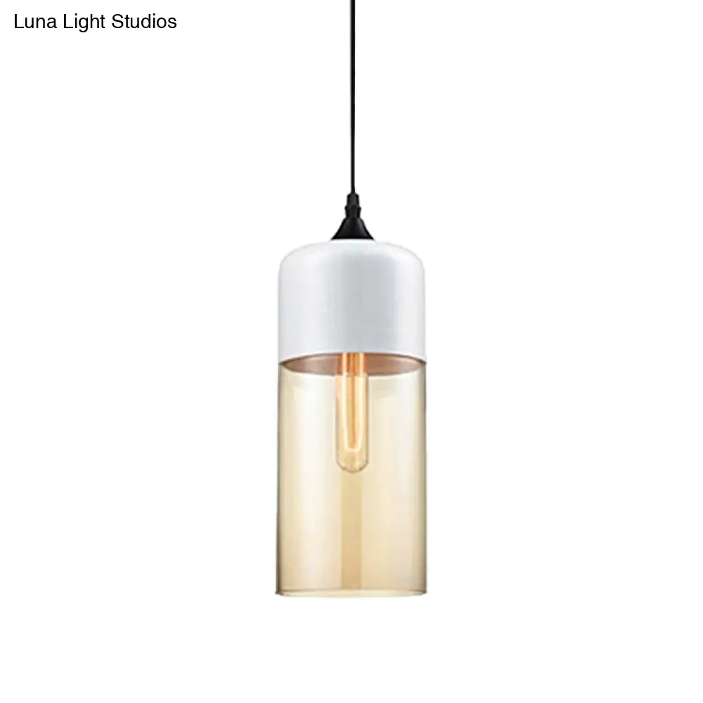 Modern 1-Light Drum/Cylinder/Jar Suspension Pendant – Clear/Yellow Glass – White/Black Fixture