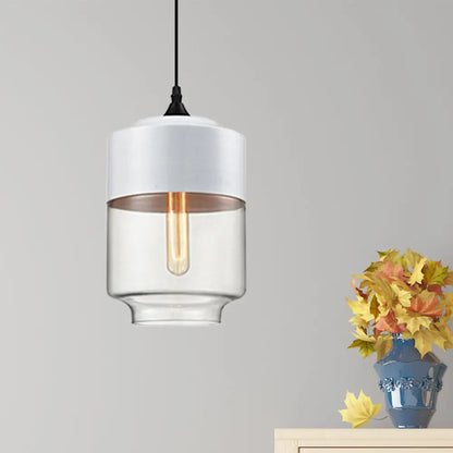 Modern 1-Light Drum/Cylinder/Jar Suspension Pendant – Clear/Yellow Glass – White/Black Fixture