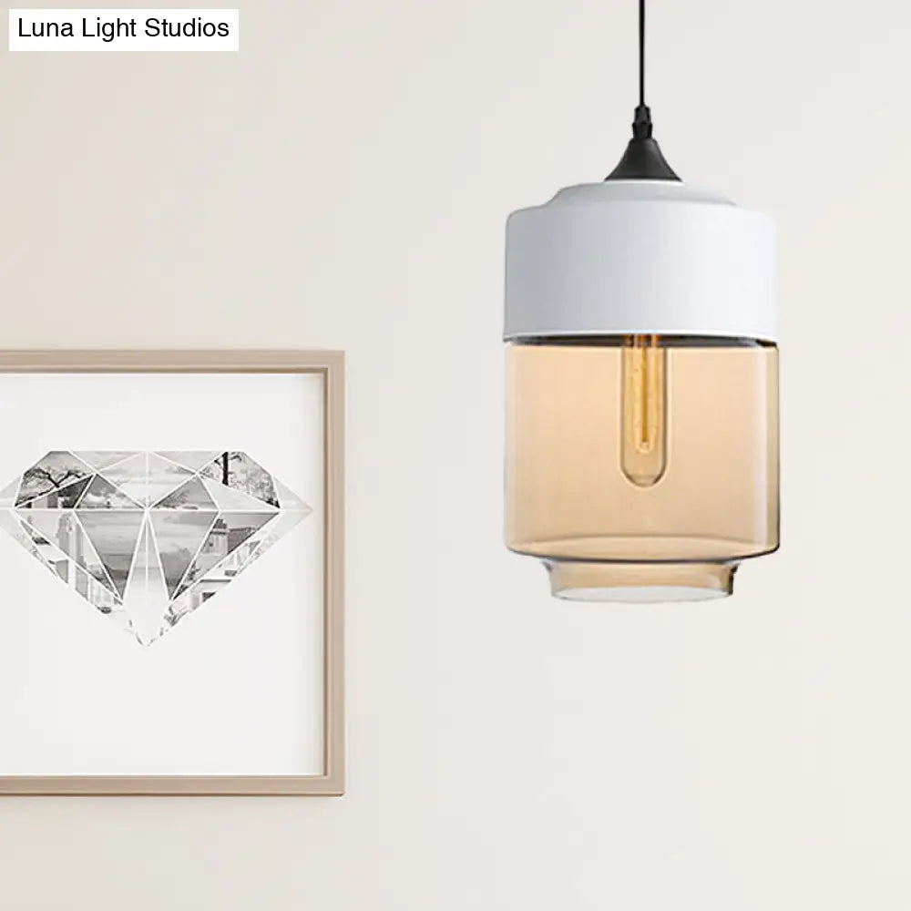 Modern 1-Light Drum/Cylinder/Jar Suspension Pendant – Clear/Yellow Glass – White/Black Fixture