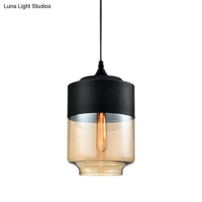 Modern 1-Light Drum/Cylinder/Jar Suspension Pendant – Clear/Yellow Glass – White/Black Fixture