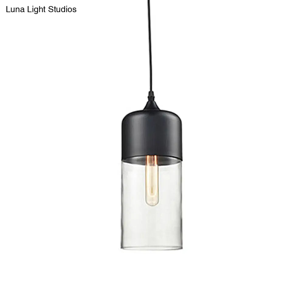 Modern 1-Light Drum/Cylinder/Jar Suspension Pendant – Clear/Yellow Glass – White/Black Fixture