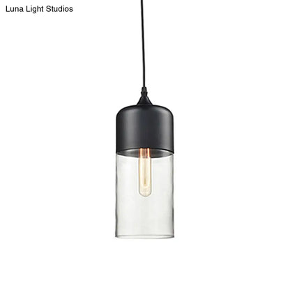 Modern 1-Light Drum/Cylinder/Jar Suspension Pendant – Clear/Yellow Glass – White/Black Fixture