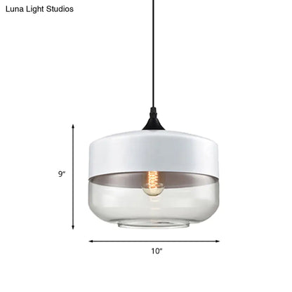 Modern 1-Light Drum/Cylinder/Jar Suspension Pendant – Clear/Yellow Glass – White/Black Fixture