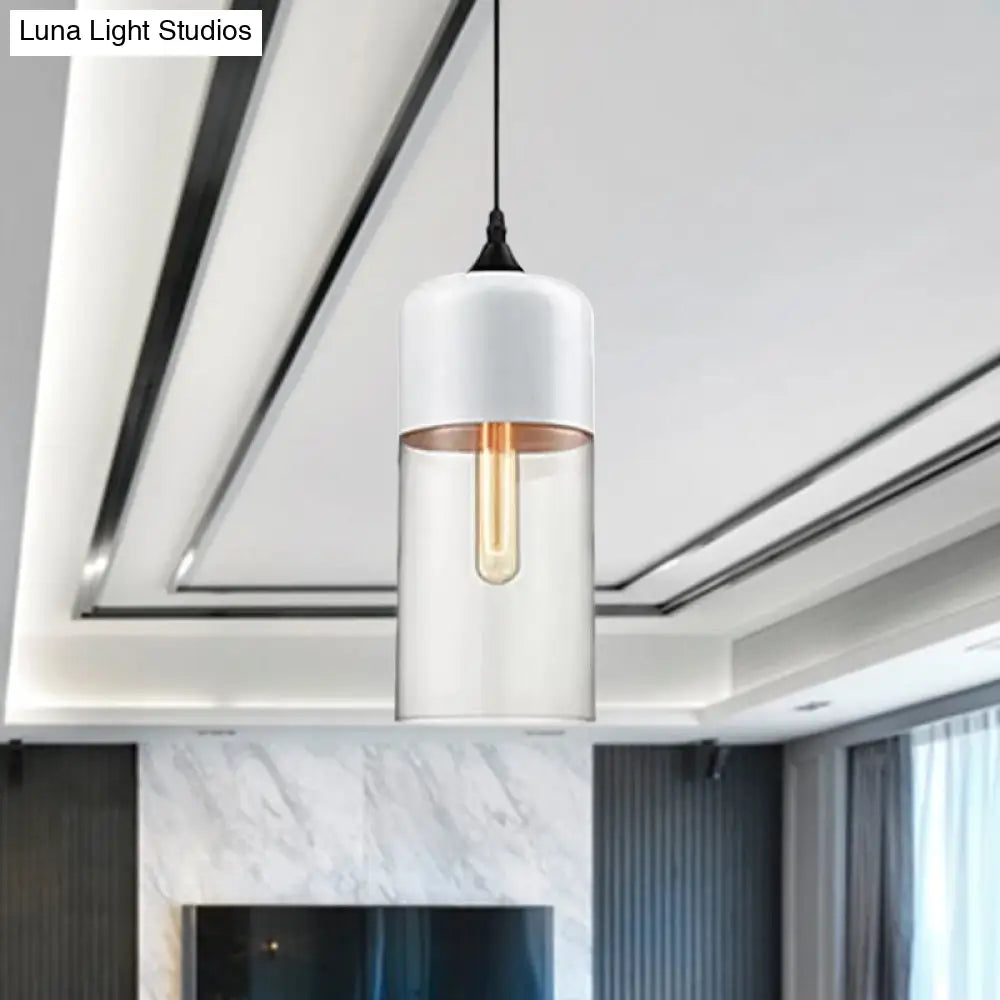 Modern 1-Light Drum/Cylinder/Jar Suspension Pendant – Clear/Yellow Glass – White/Black Fixture