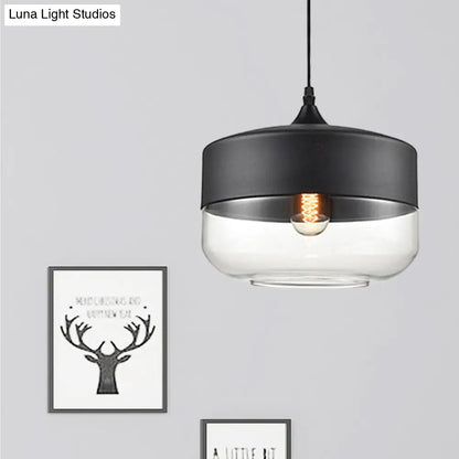 Modern 1-Light Drum/Cylinder/Jar Suspension Pendant – Clear/Yellow Glass – White/Black Fixture