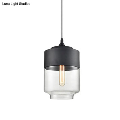 Modern 1-Light Drum/Cylinder/Jar Suspension Pendant – Clear/Yellow Glass – White/Black Fixture