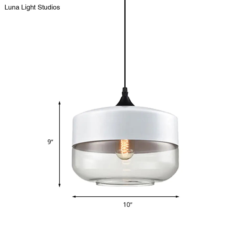 Modern 1-Light Drum/Cylinder/Jar Suspension Pendant – Clear/Yellow Glass – White/Black Fixture