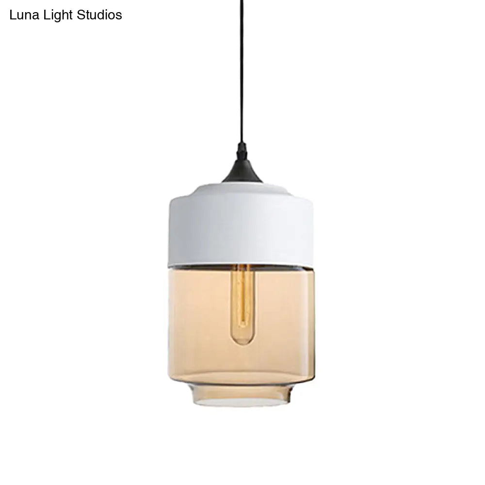 Modern 1-Light Drum/Cylinder/Jar Suspension Pendant – Clear/Yellow Glass – White/Black Fixture