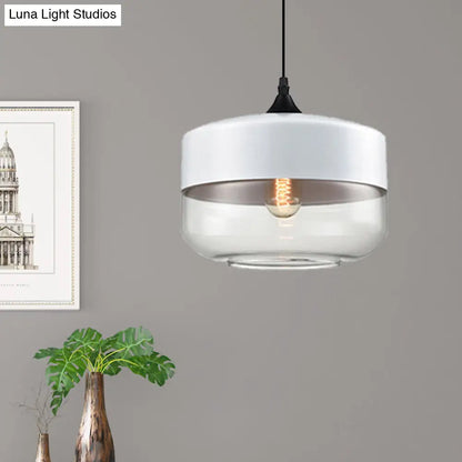 Modern 1-Light Drum/Cylinder/Jar Suspension Pendant – Clear/Yellow Glass – White/Black Fixture