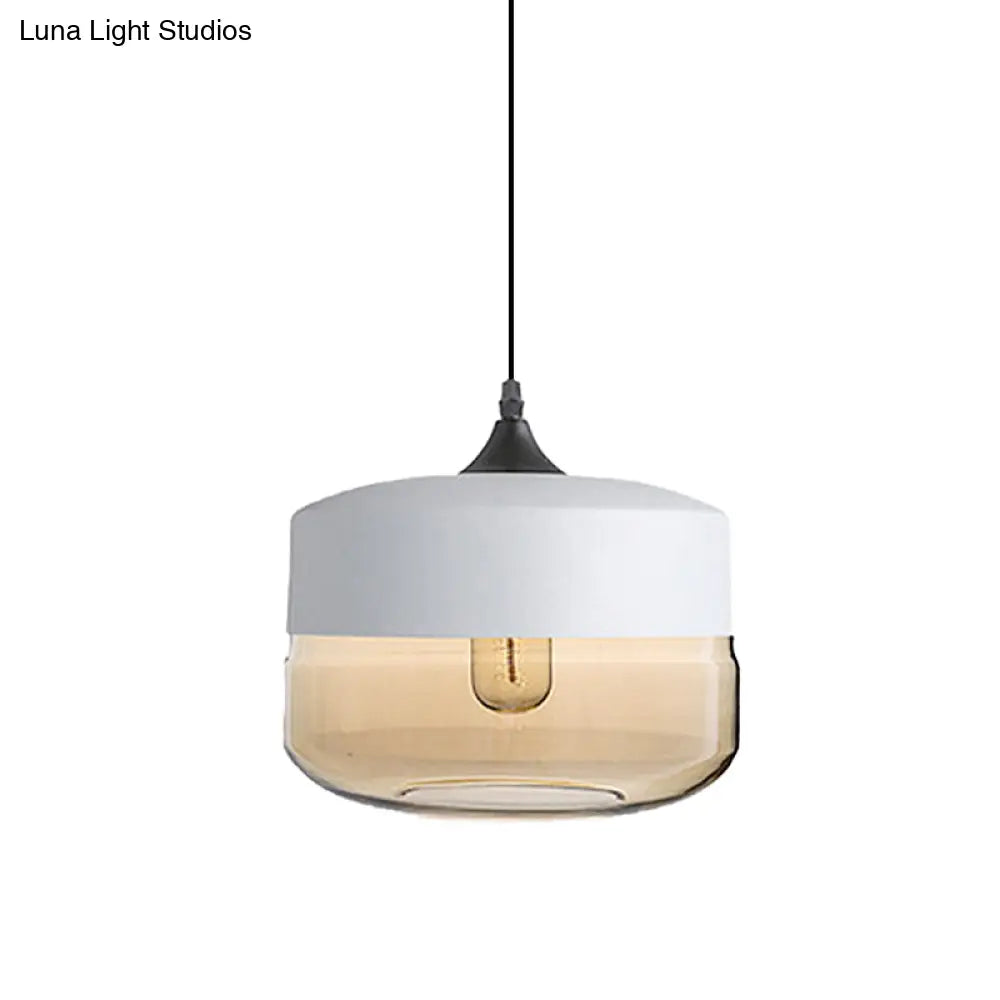 Modern 1-Light Drum/Cylinder/Jar Suspension Pendant – Clear/Yellow Glass – White/Black Fixture