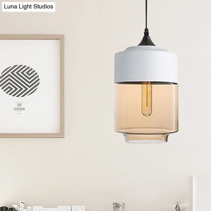 Modern 1-Light Drum/Cylinder/Jar Suspension Pendant – Clear/Yellow Glass – White/Black Fixture