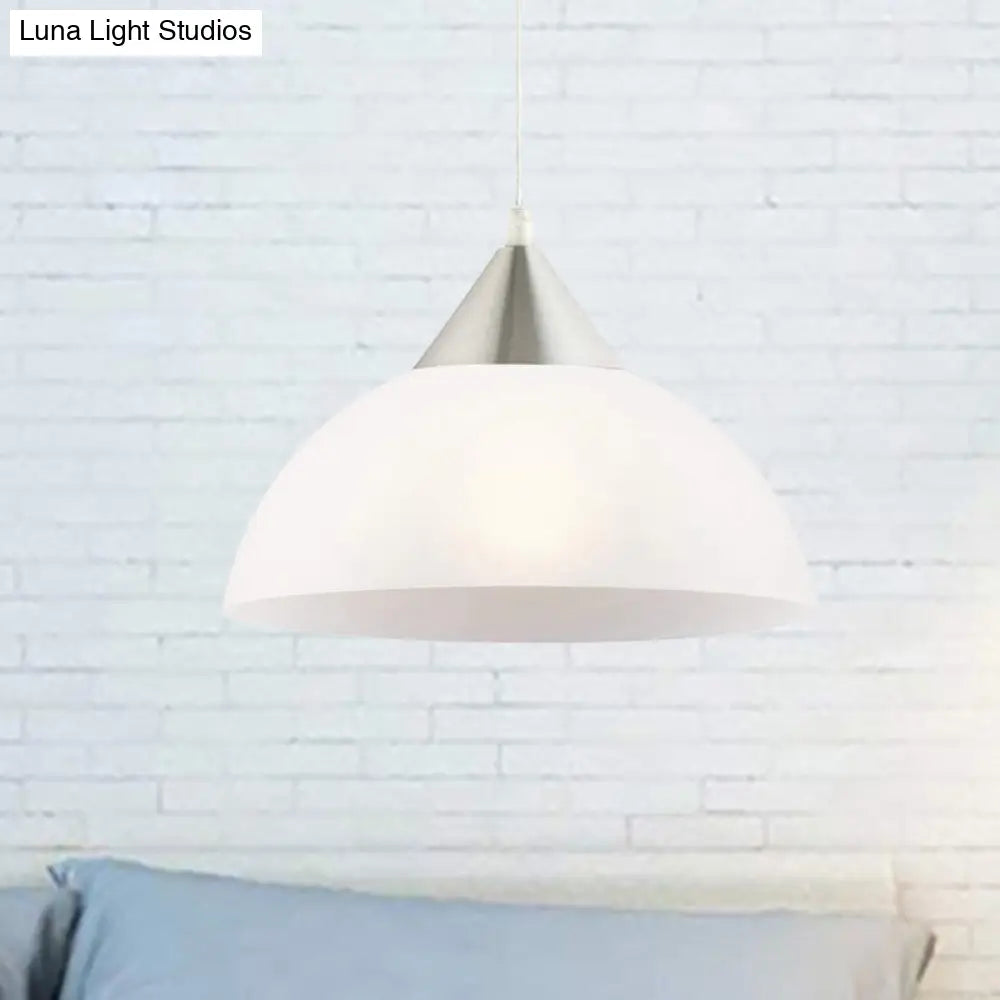 Modern 1-Light Pendant: White Glass Shade, Nickel Dome Ceiling Suspension Light