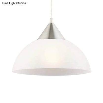 Modern 1-Light Pendant: White Glass Shade, Nickel Dome Ceiling Suspension Light