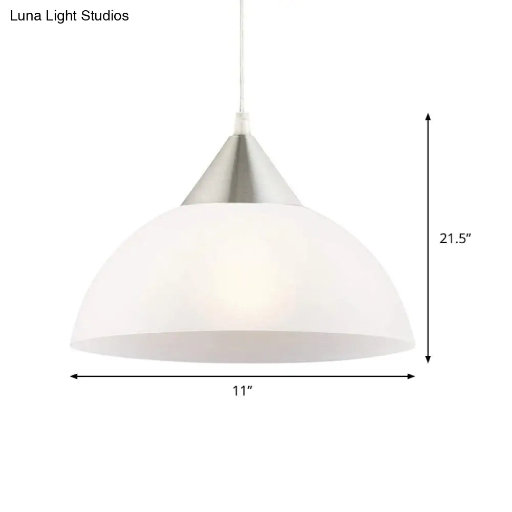 Modern 1-Light Pendant: White Glass Shade, Nickel Dome Ceiling Suspension Light