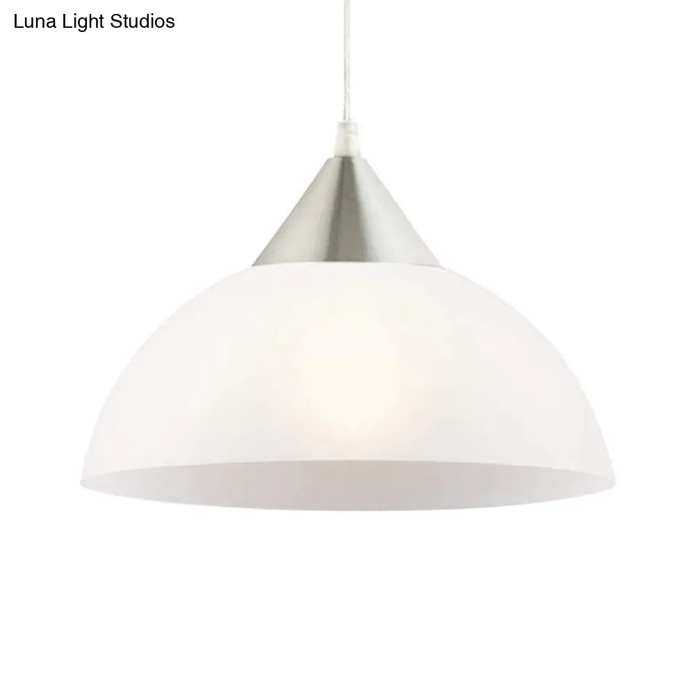 Modern 1-Light Pendant: White Glass Shade, Nickel Dome Ceiling Suspension Light