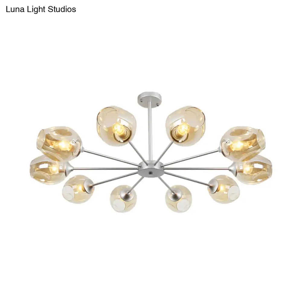 Lámpara colgante moderna de araña con 10 bombillas y pantalla de cristal ámbar - Diseño de copa plateada