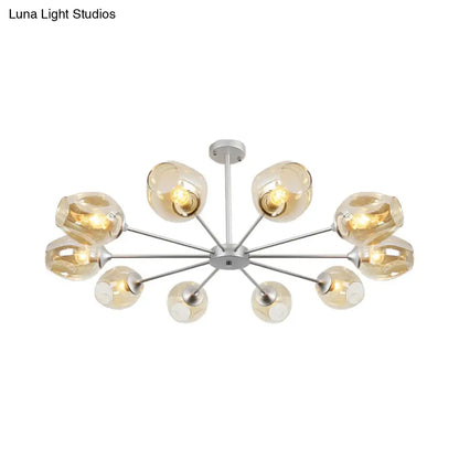 Lámpara colgante moderna de araña con 10 bombillas y pantalla de cristal ámbar - Diseño de copa plateada