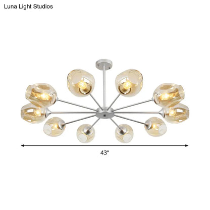 Lámpara colgante moderna de araña con 10 bombillas y pantalla de cristal ámbar - Diseño de copa plateada