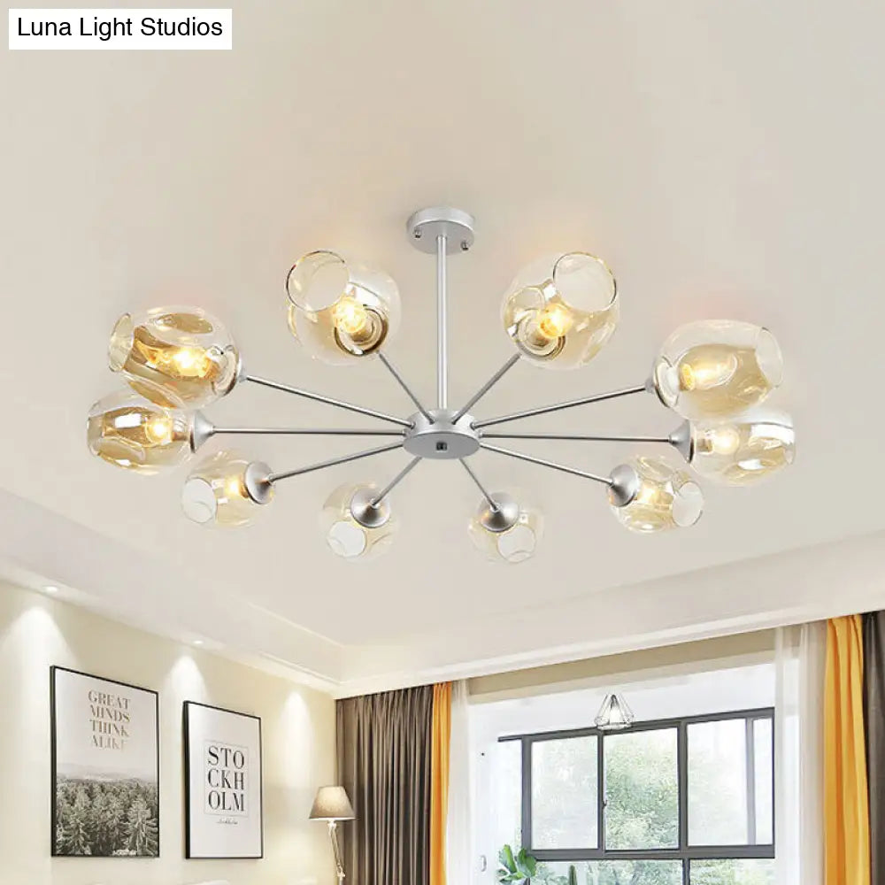 Lámpara colgante moderna de araña con 10 bombillas y pantalla de cristal ámbar - Diseño de copa plateada