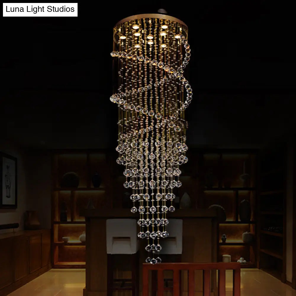 Modern 10-Head Spiral Hanging Lamp with Brass Finish, Clear Crystals, and LED Lights