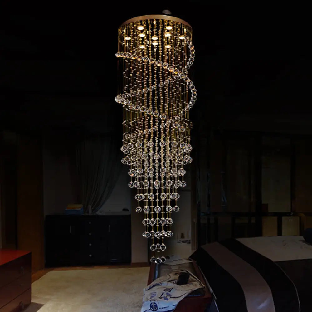 Modern 10-Head Spiral Hanging Lamp with Brass Finish, Clear Crystals, and LED Lights