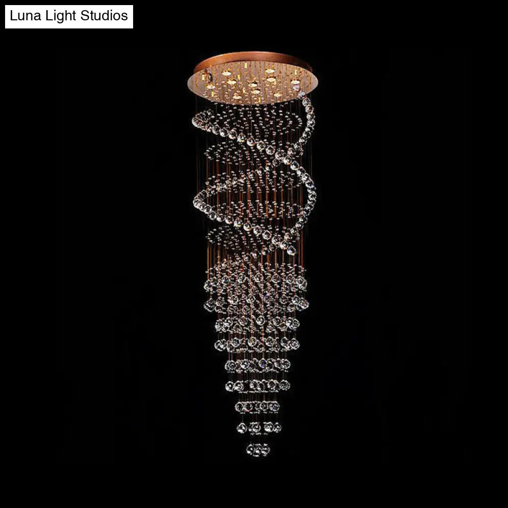 Modern 10-Head Spiral Hanging Lamp with Brass Finish, Clear Crystals, and LED Lights