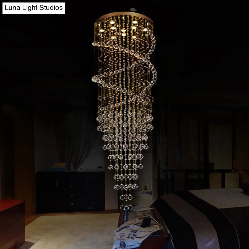 Modern 10-Head Spiral Hanging Lamp with Brass Finish, Clear Crystals, and LED Lights