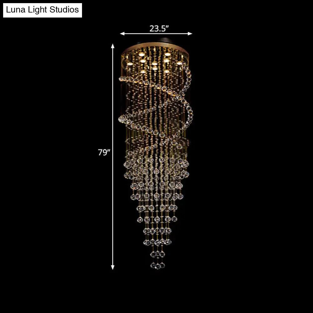 Modern 10-Head Spiral Hanging Lamp with Brass Finish, Clear Crystals, and LED Lights