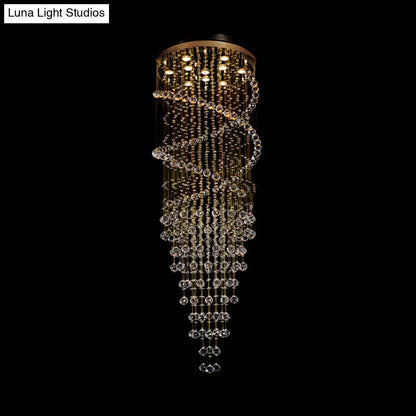 Modern 10-Head Spiral Hanging Lamp with Brass Finish, Clear Crystals, and LED Lights