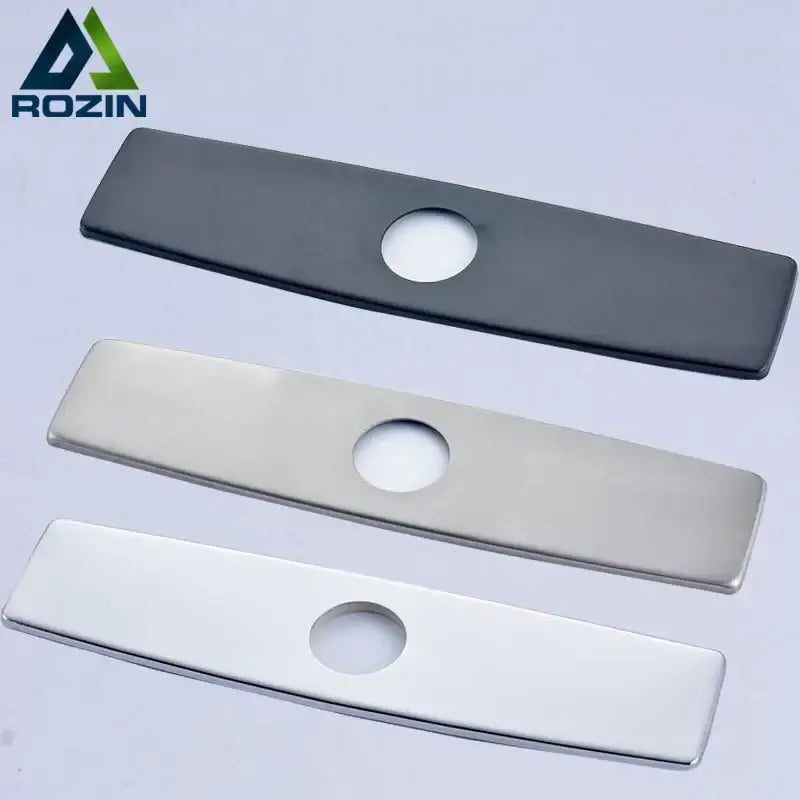 Modern 10 inch deck plate escutcheon set with three rectangular black and polished silver metal inserts with central hole