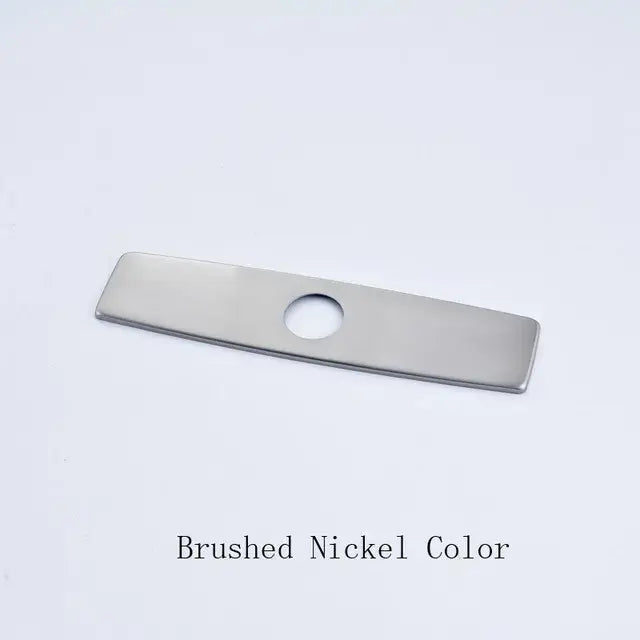 Brushed nickel rectangular metal deck plate escutcheon with central hole for 10 inch kitchen bathroom sink cover