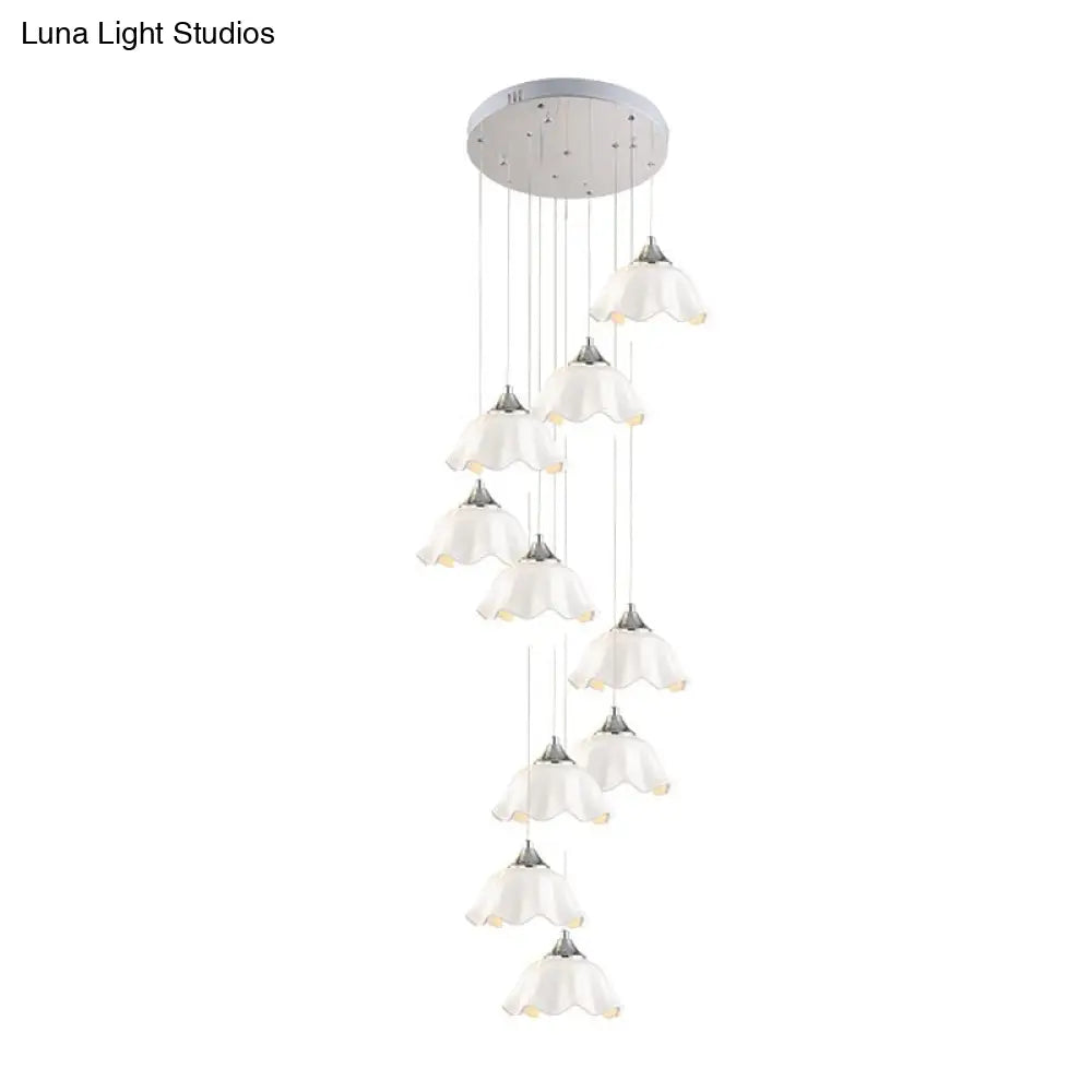 Modern 10-Light White Glass Scalloped Pendant Light for Living Room