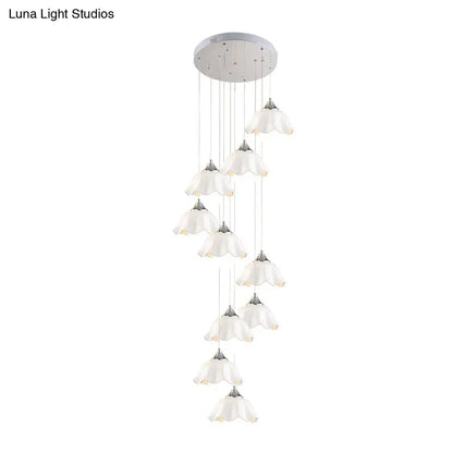 Modern 10-Light White Glass Scalloped Pendant Light for Living Room