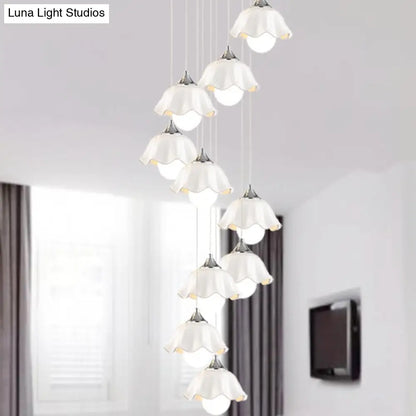 Modern 10-Light White Glass Scalloped Pendant Light for Living Room