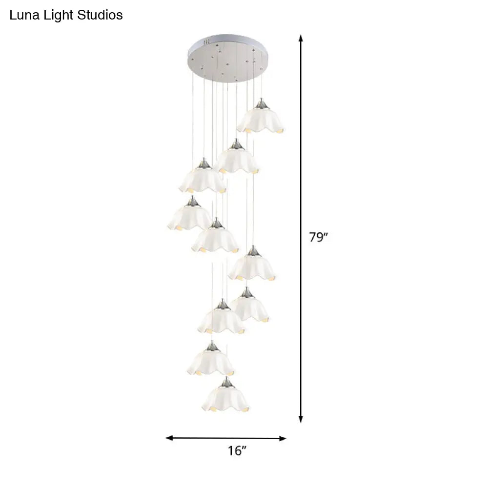 Modern 10-Light White Glass Scalloped Pendant Light for Living Room