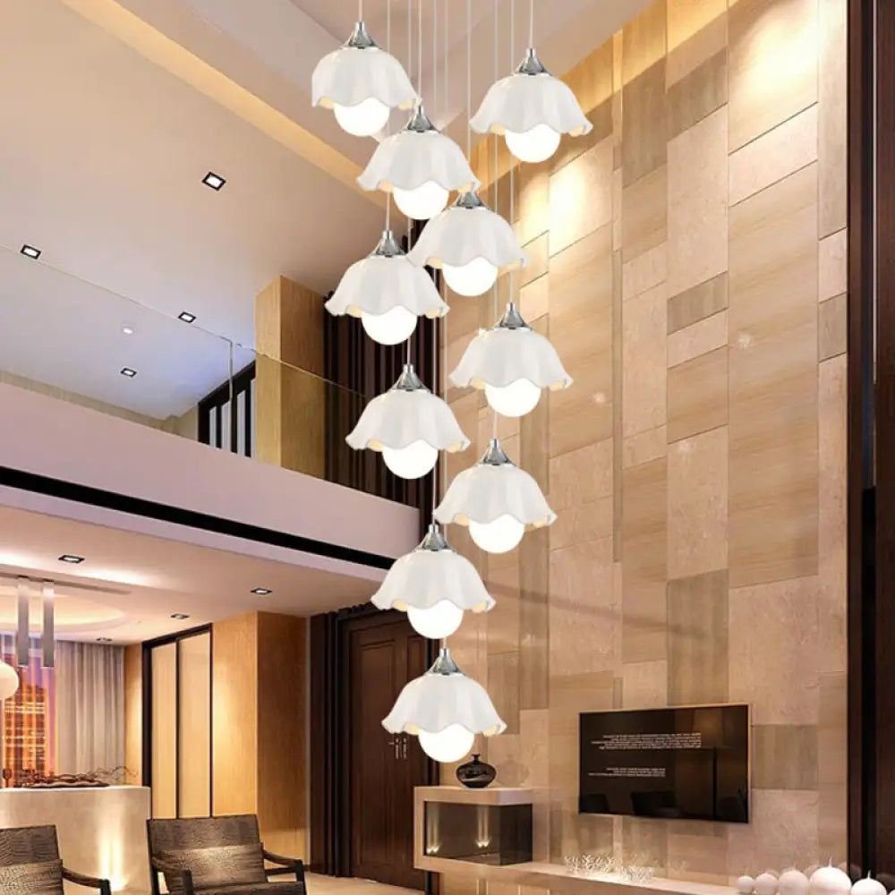 Modern 10-Light White Glass Scalloped Pendant Light for Living Room