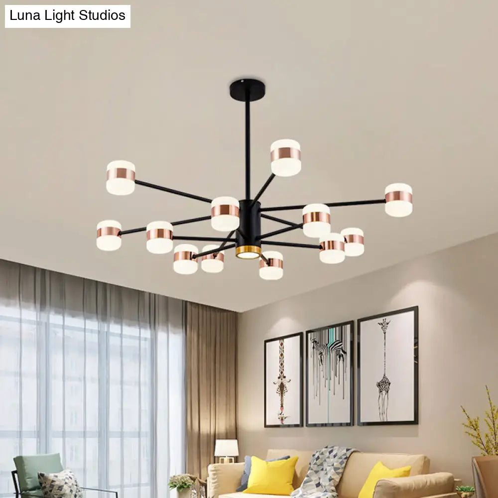 Lámpara de araña colgante moderna de hierro negro con 12 luces y pantalla ovalada de acrílico