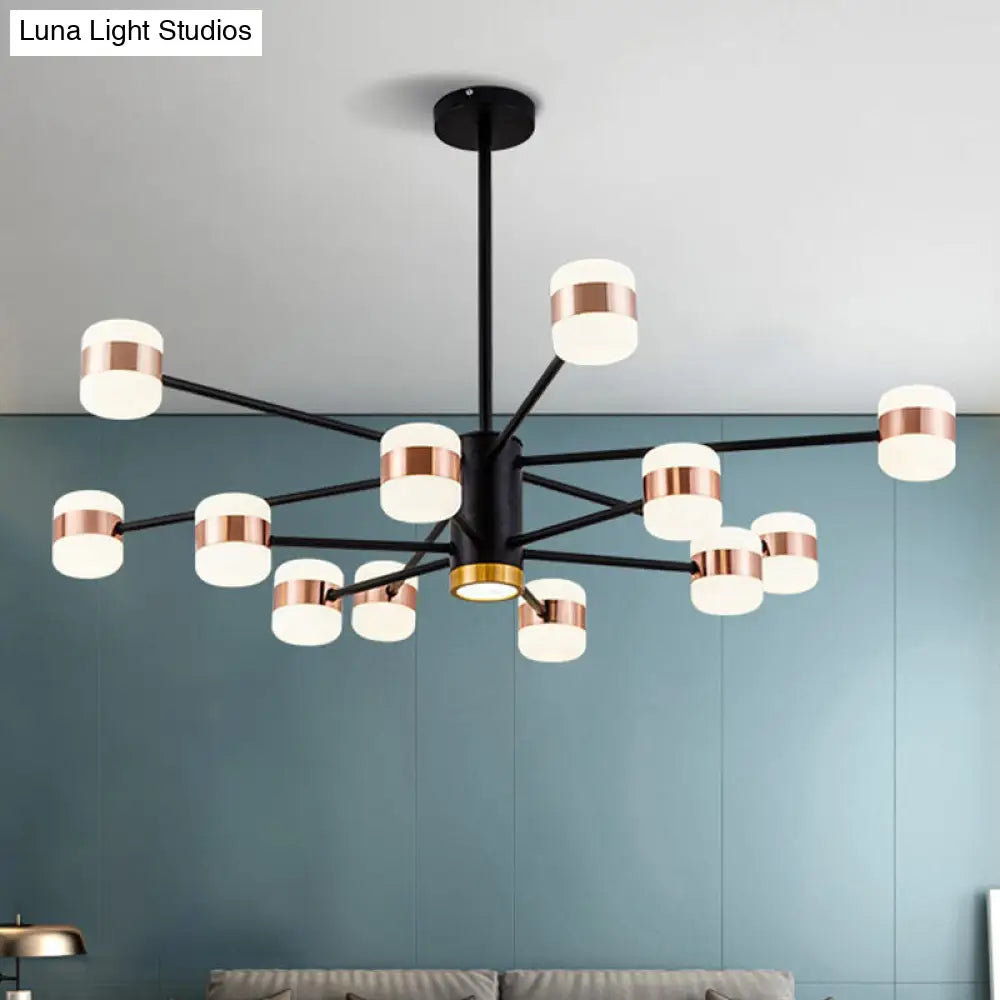 Lámpara de araña colgante moderna de hierro negro con 12 luces y pantalla ovalada de acrílico