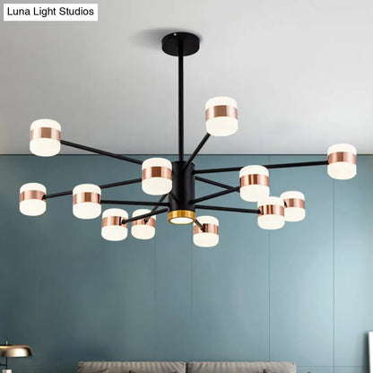 Lámpara de araña colgante moderna de hierro negro con 12 luces y pantalla ovalada de acrílico