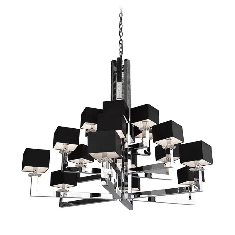 Modern 12-light chrome chandelier with black fabric shades and clear crystal accents for elegant dining room decor