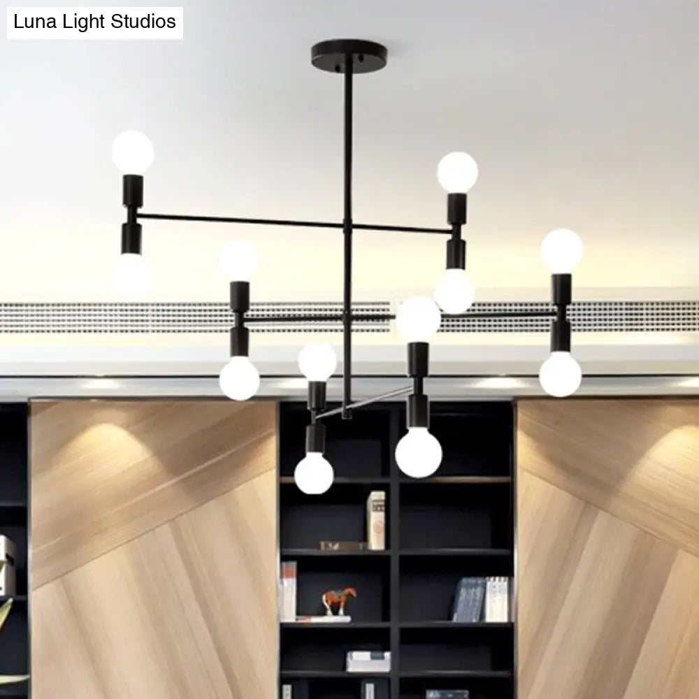 Lámpara de techo moderna de metal con 12 luces y diseño escalonado: araña negra/dorada para sala de estar