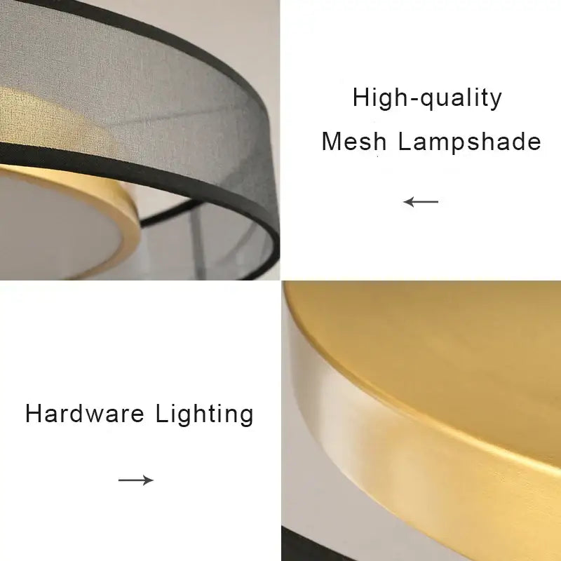Modern 16w copper ceiling light with a sleek black mesh fabric lampshade and gold-toned metal trim for living room