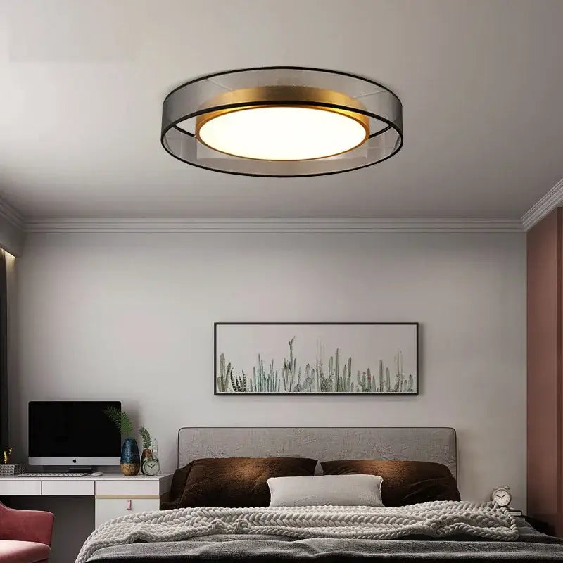 Modern 16w copper ceiling light with gold-accented center and black mesh rings for living room illumination