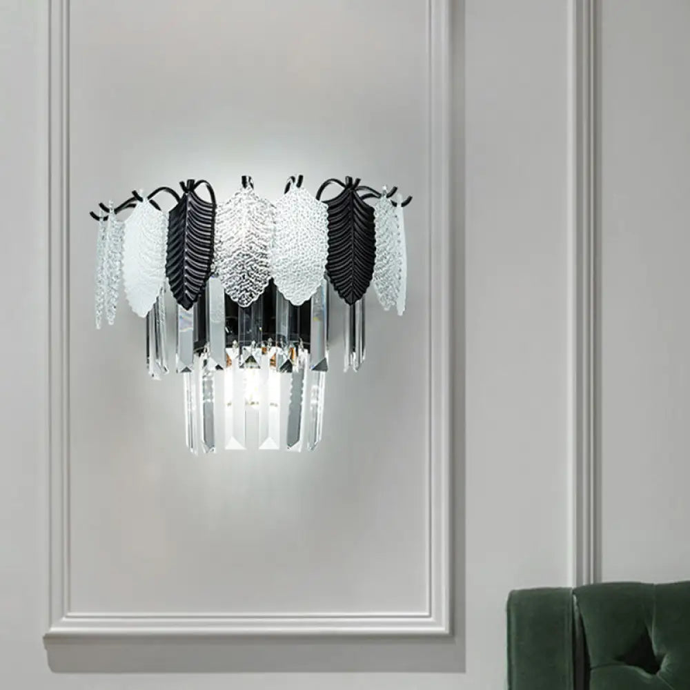DecorBites™ DecorBites™ Modern 2-Layer Crystal Rectangle Sconce Light Fixture with 3-Head Black and White Wall Lamp