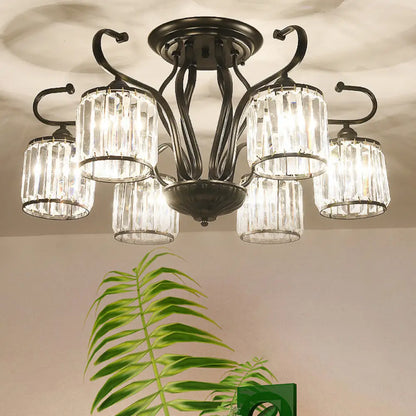 DecorBites™ DecorBites™ Modern 3/6-Light Cylindrical Crystal Semi Mount Ceiling Light - Black, for Living Room