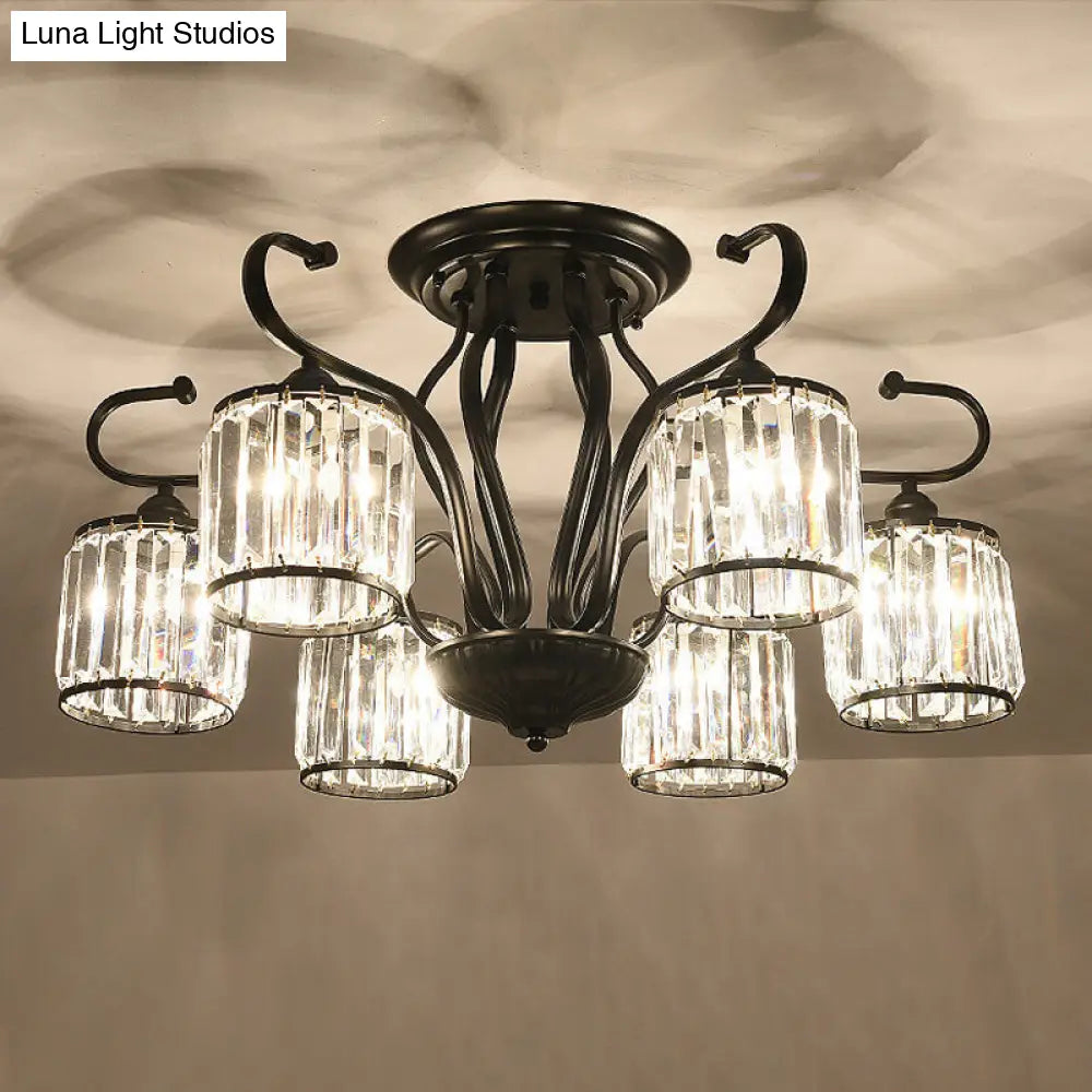 DecorBites™ DecorBites™ Modern 3/6-Light Cylindrical Crystal Semi Mount Ceiling Light - Black, for Living Room