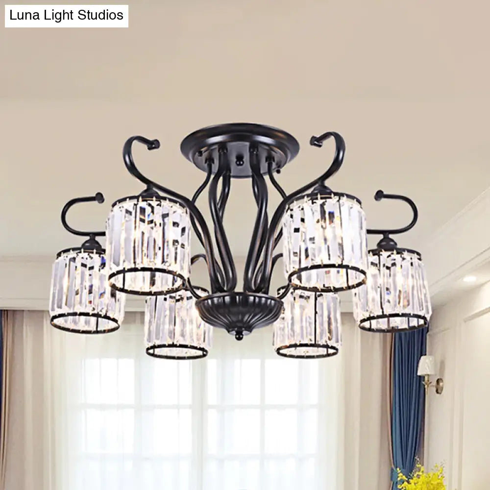 DecorBites™ DecorBites™ Modern 3/6-Light Cylindrical Crystal Semi Mount Ceiling Light - Black, for Living Room